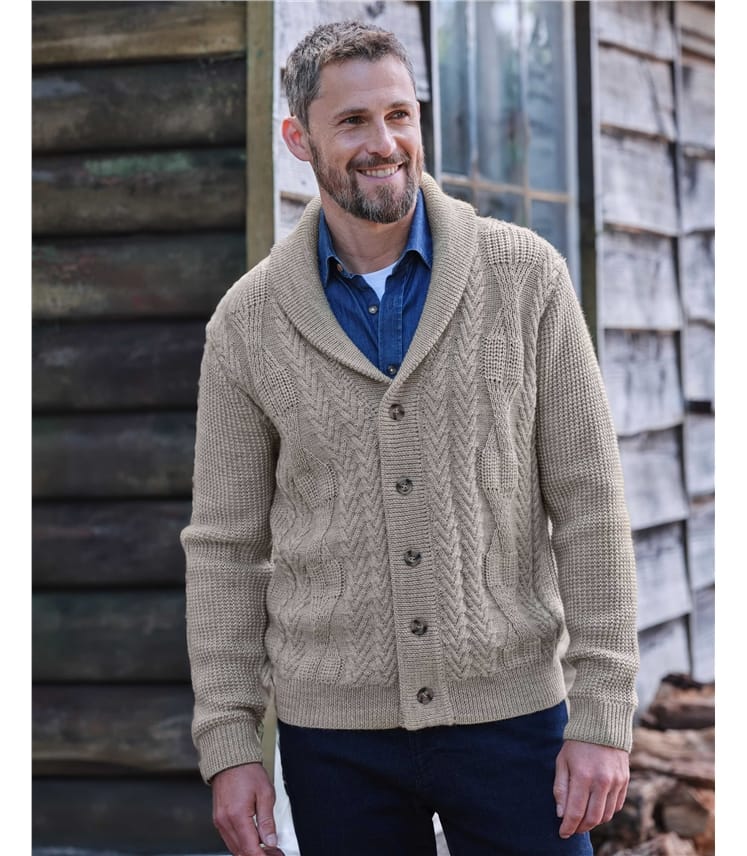 Xact Men's Cable-Knit Shawl Neck Cardigan – Long Sleeve Acrylic Jumper For Autumn Winter