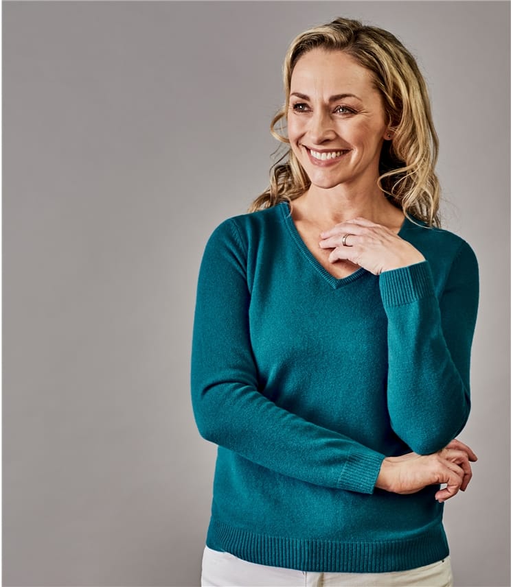 Teal | Womens Pure Cashmere V Neck Jumper | WoolOvers UK