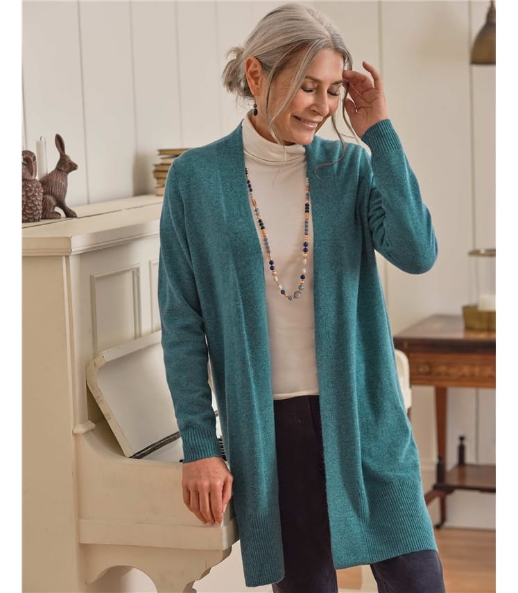 Teal Marl 90 Merino 10 Cashmere Cashmere Merino Longline Edge to Edge Cardigan