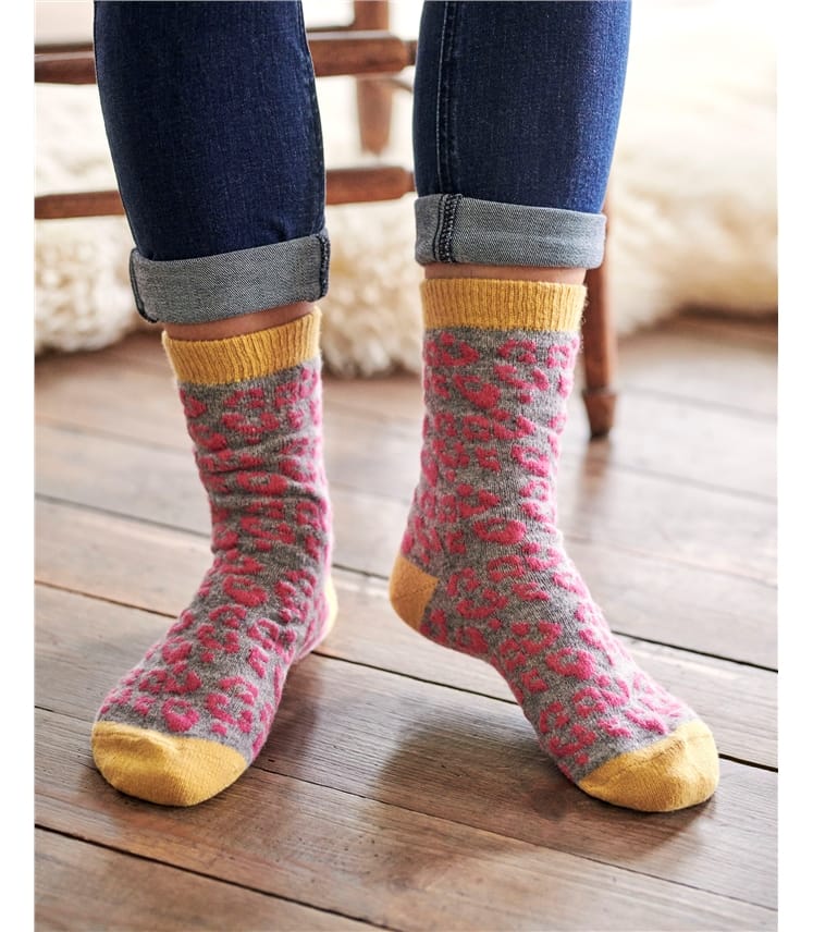 Pink | Womens Lambswool Animal Print Ankle Socks | WoolOvers UK
