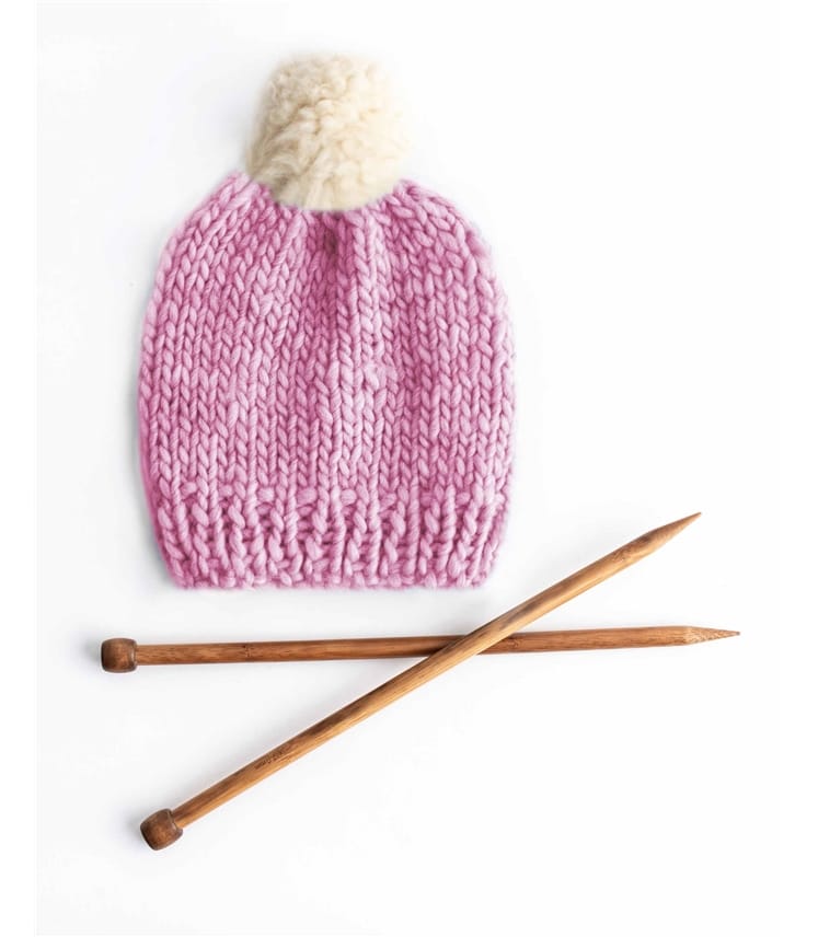 Blossom Pink Beginners Pom Pom Hat Knitting Kit WoolOvers UK