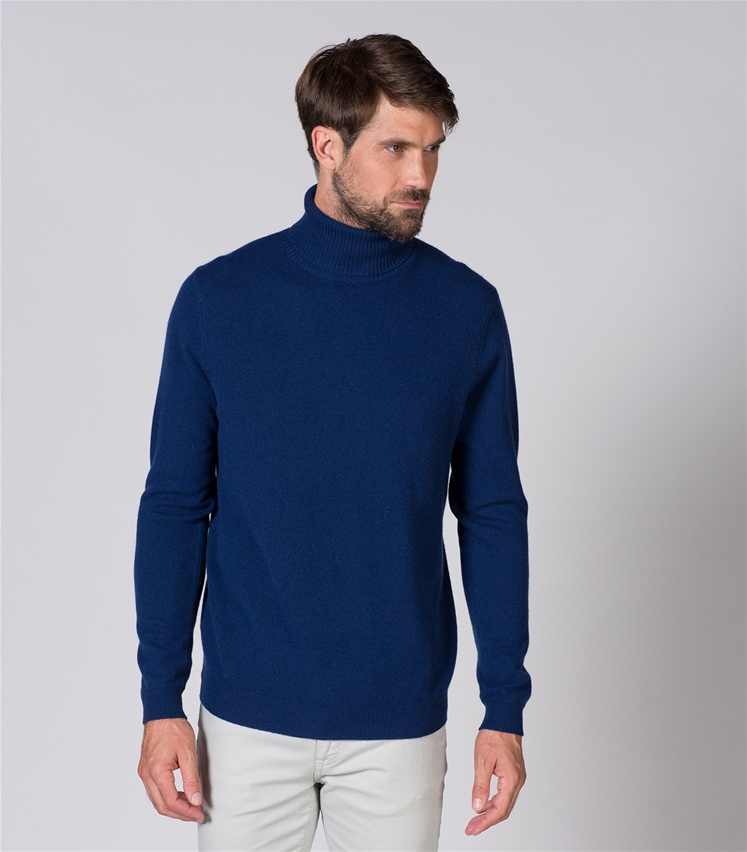 Navy | Mens Pure Cashmere Polo Neck | WoolOvers UK