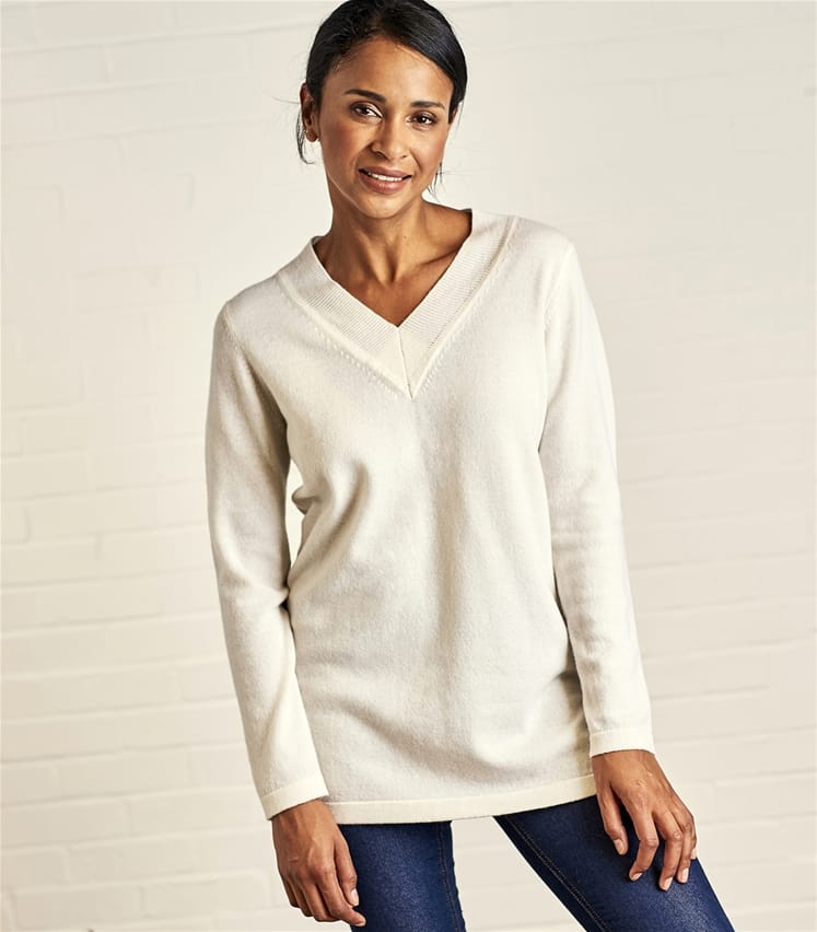 Cream | Womens Cashmere & Merino Relaxed V-Neck Tunic | WoolOvers US