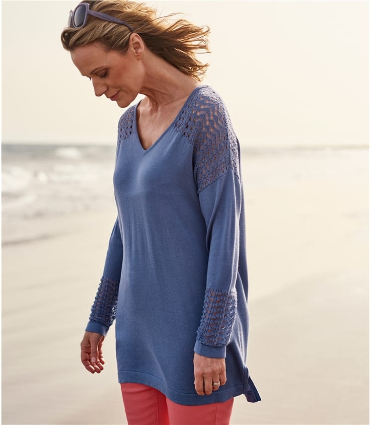 Dusky Sky Womens Cotton & Viscose Pointelle Panel Jumper WoolOvers AU