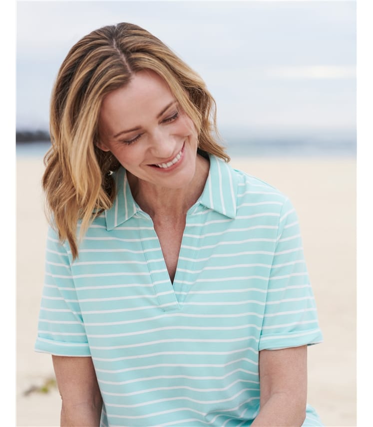 Aqua/White Stripe | Open Neck Jersey Polo Shirt | WoolOvers AU