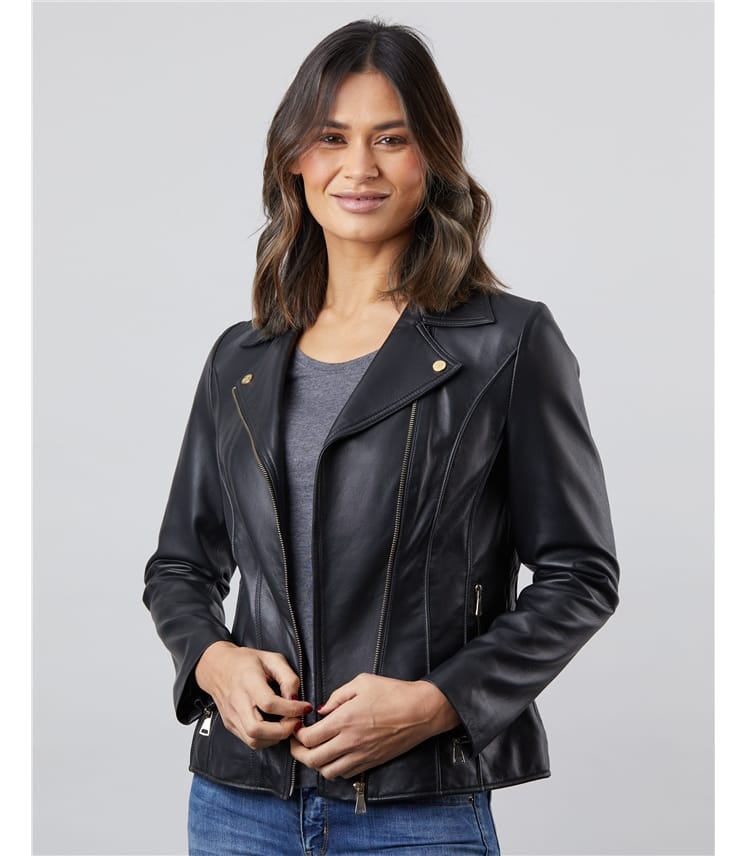 Black Kylee Classic Leather Biker Jacket WoolOvers UK