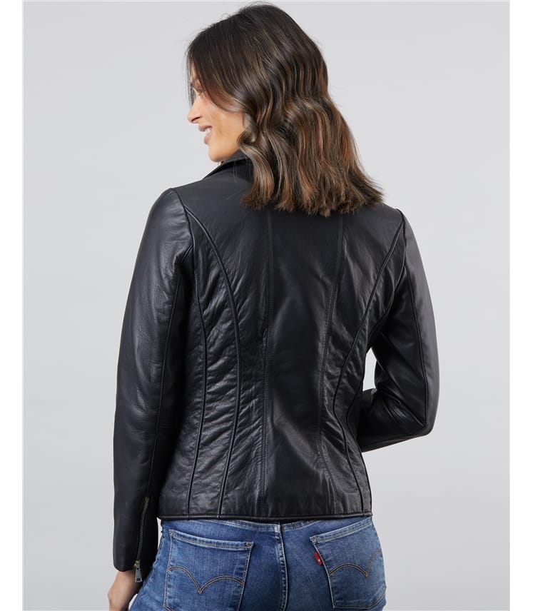 Black | Kylee Classic Leather Biker Jacket | WoolOvers UK