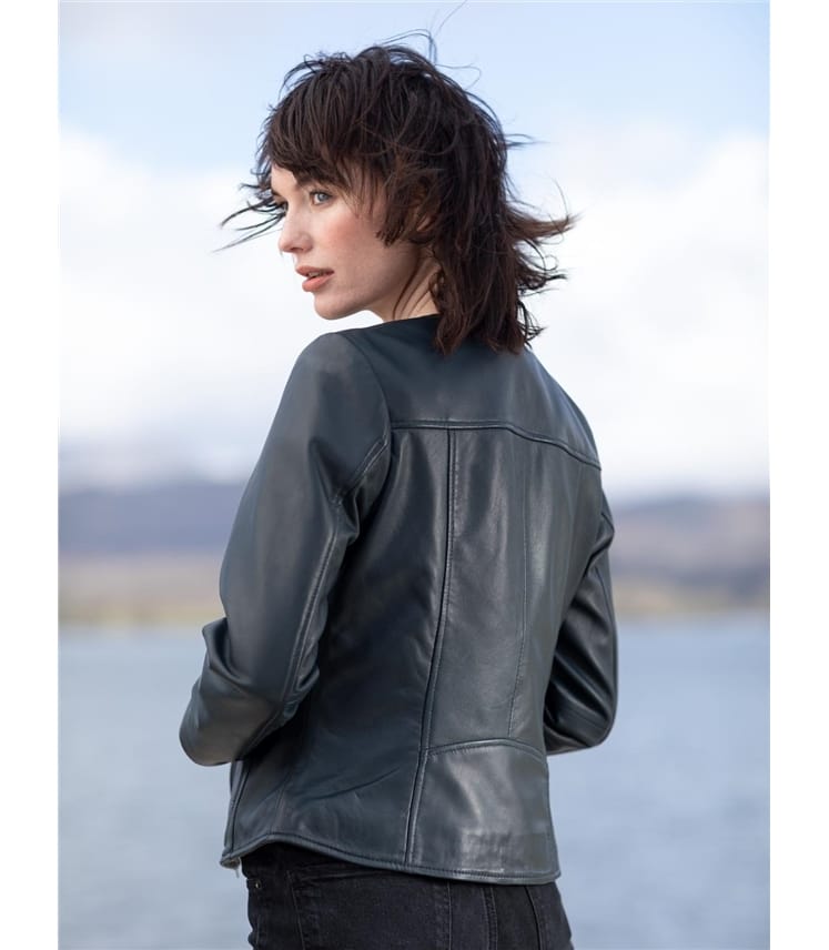 Collette Open Collar Leather Biker Jacket