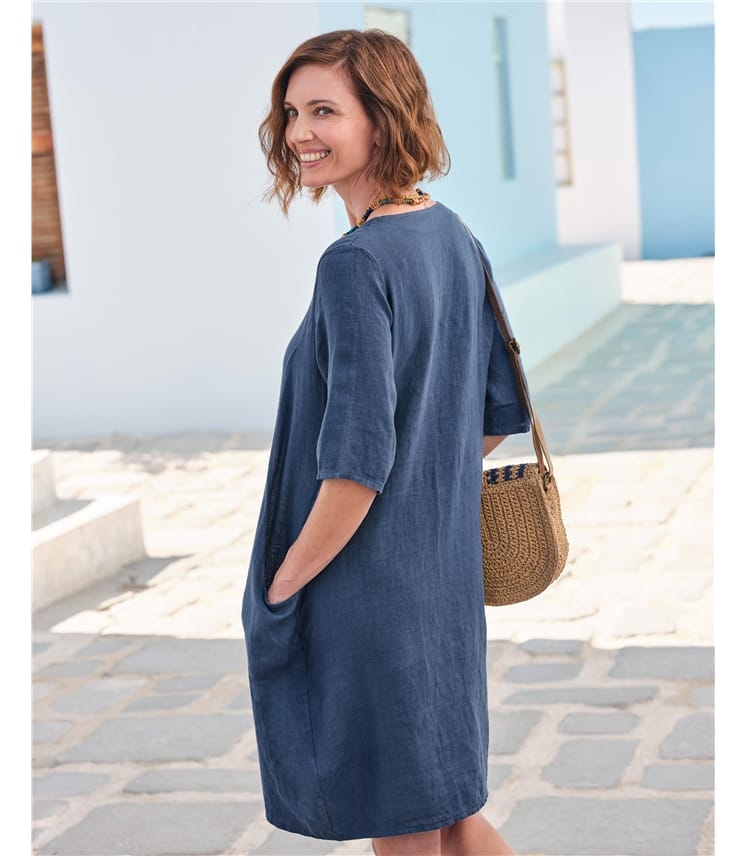 Twilight Blue, Womens Linen Pocket Tunic Dress