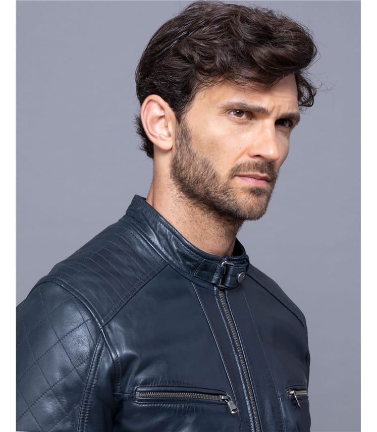 Navy | Charlie Leather Racer Jacket | WoolOvers UK