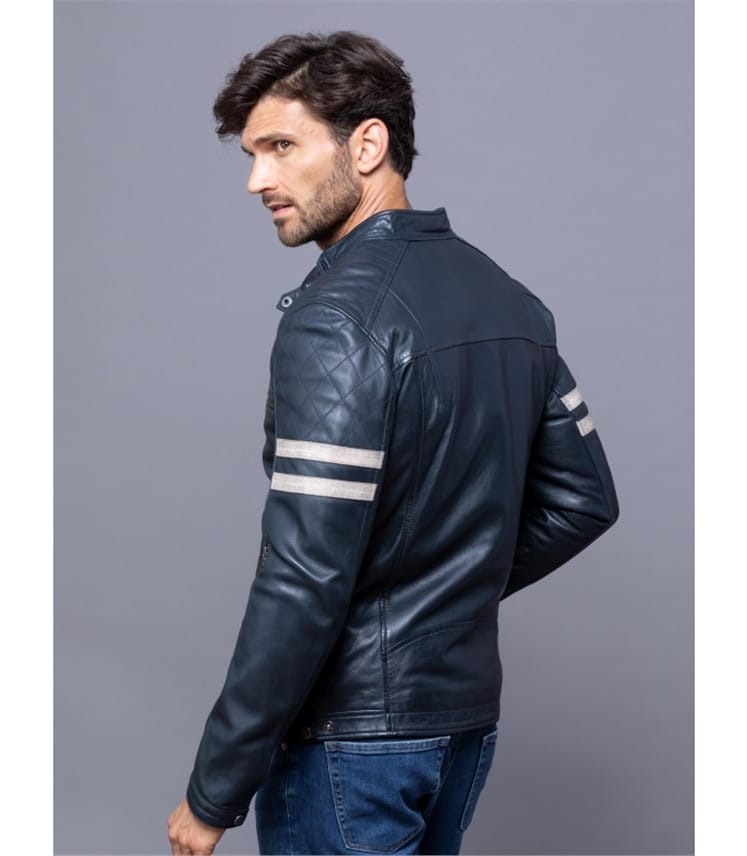 Navy | Charlie Leather Racer Jacket | WoolOvers UK