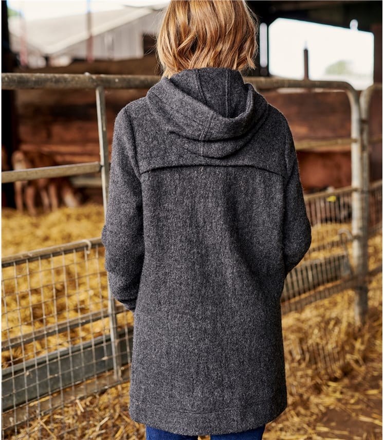 Charcoal Pure Wool Hooded Boiled, Grey Wool Coat With Hood