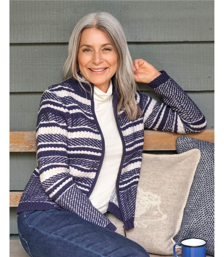 Cream/Navy | Textured Stripe Zip Cardigan | WoolOvers UK