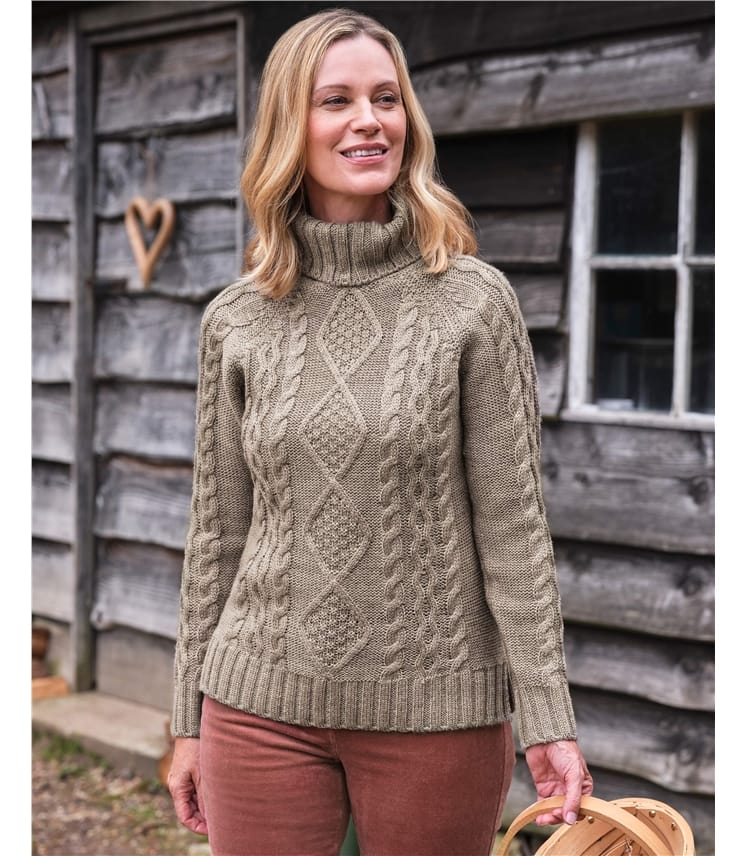 Weizen | Pullover mit aus reiner Rollkragen und für DE Wolle Damen | WoolOvers Aran-Zopfmuster
