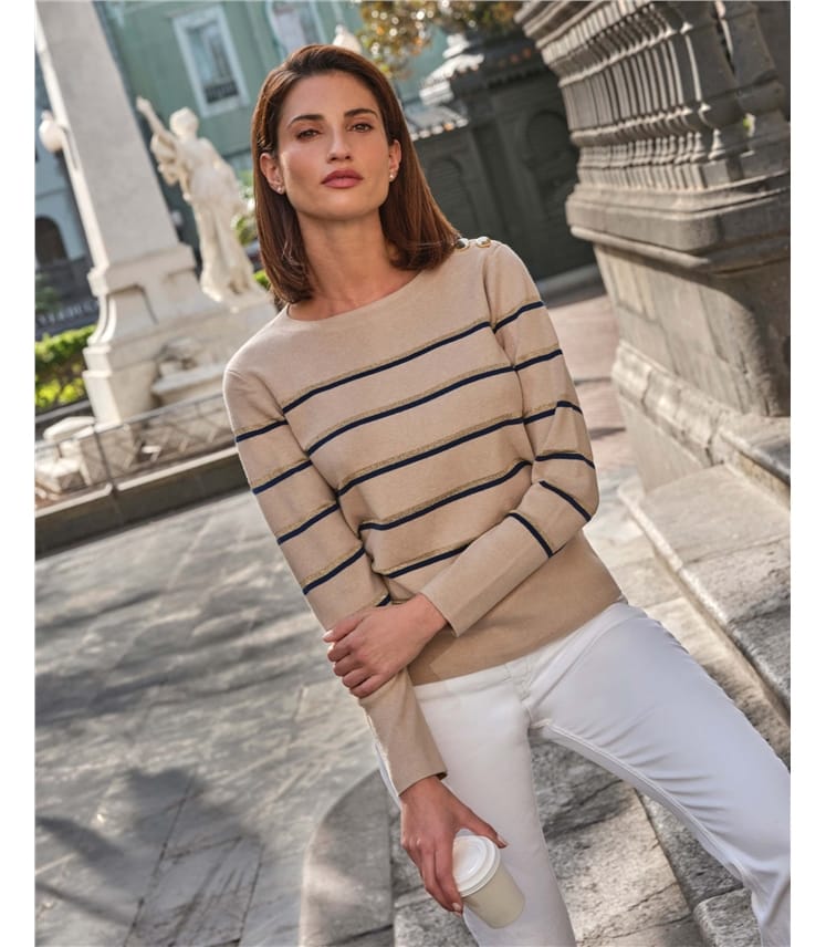 Wool Cotton Stripe & Button Sweater