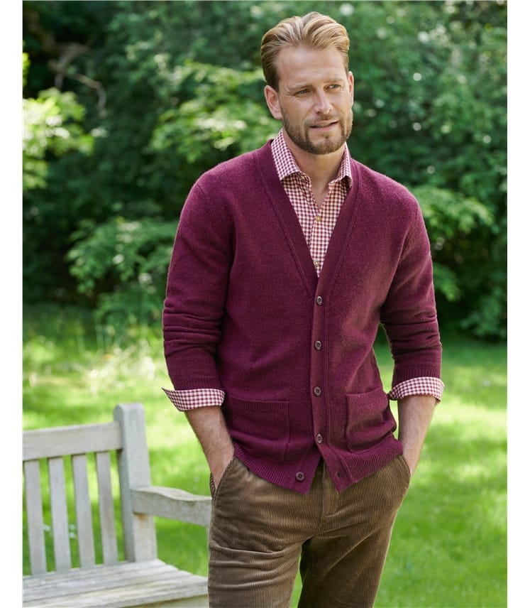 Wine | Mens Lambswool V Neck Cardigan | WoolOvers US