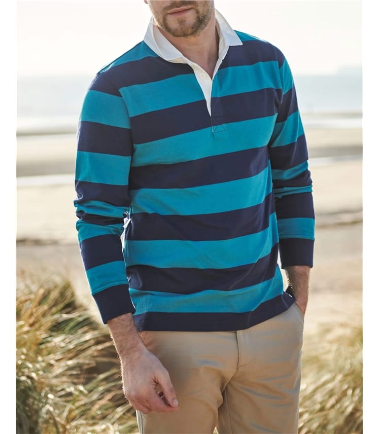 Bright Teal Stripe Organic Cotton Rugby Shirt WoolOvers AU