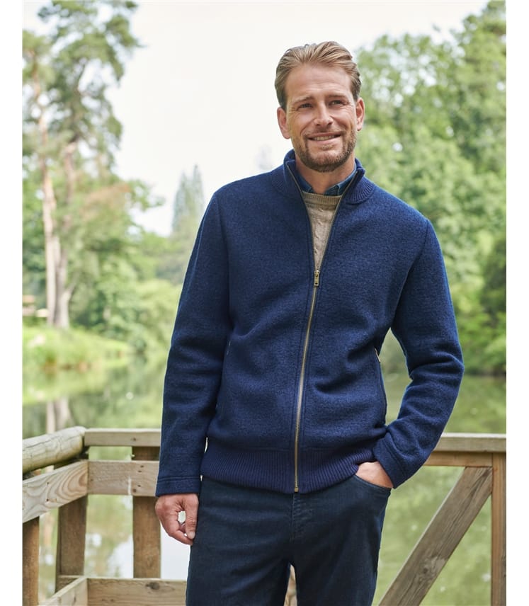 Navy | Mens Boiled Wool Zip Through Jacket | WoolOvers UK