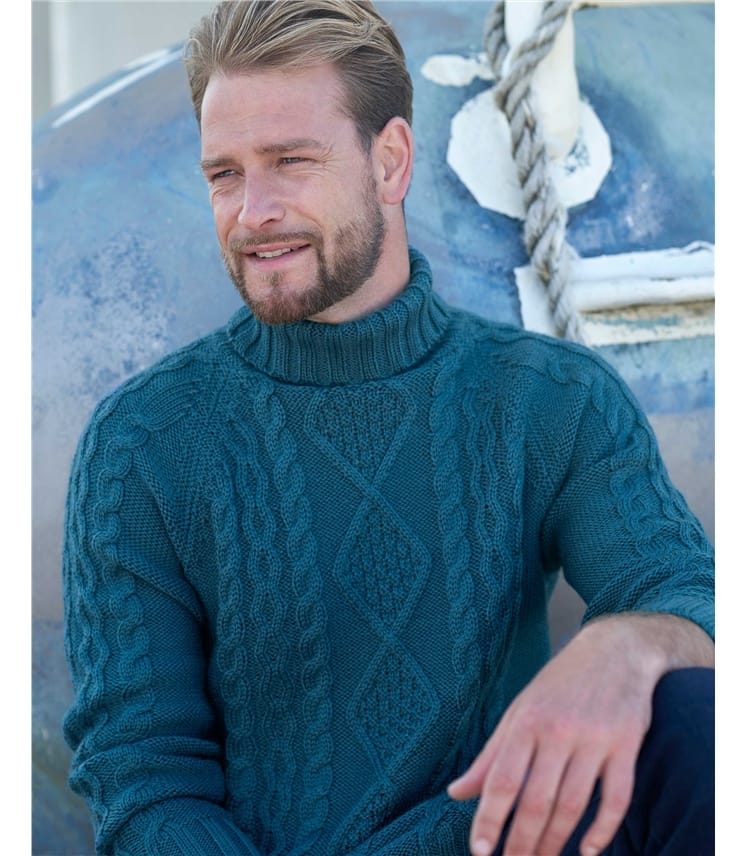 Pure Wool Knitted Aran Polo Neck Jumper