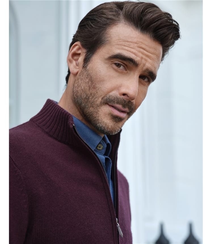 Aubergine | Wool Cashmere Ribbed Zip Through | WoolOvers UK