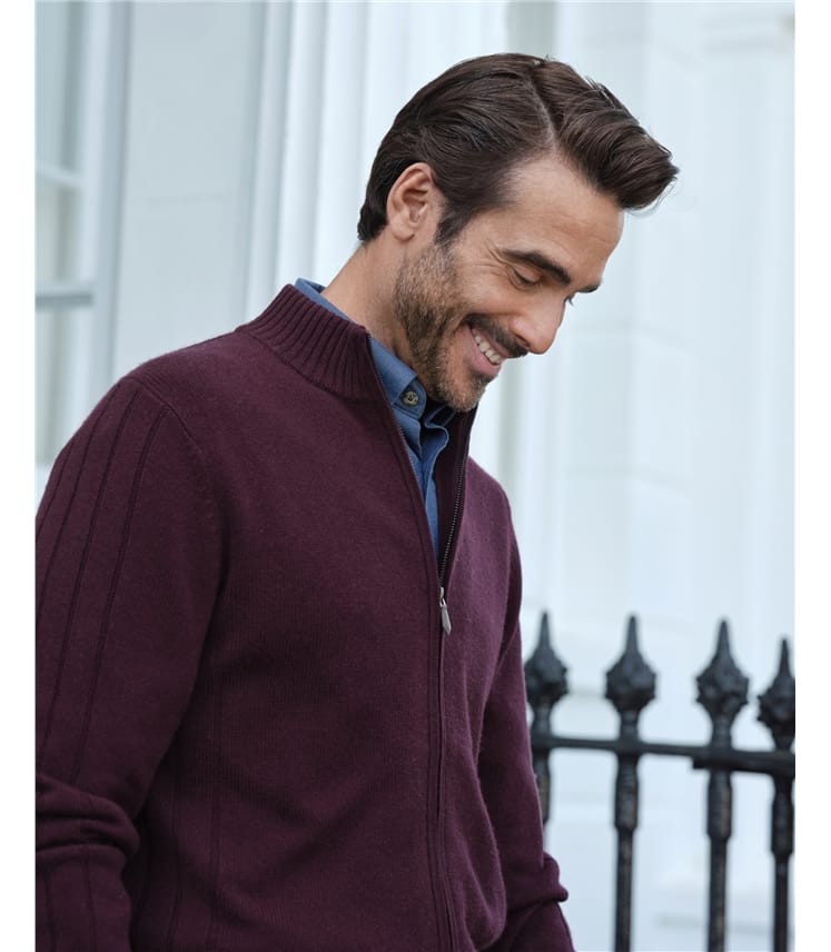 Aubergine Wool Cashmere Ribbed Zip Through WoolOvers UK