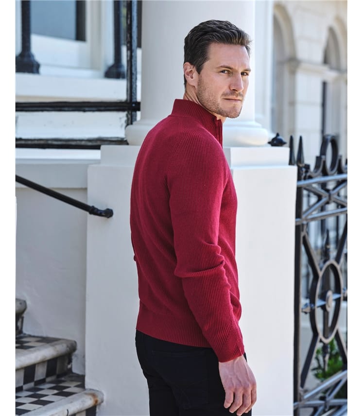 Berry Red, Wool Cashmere Rib Half Zip Sweater