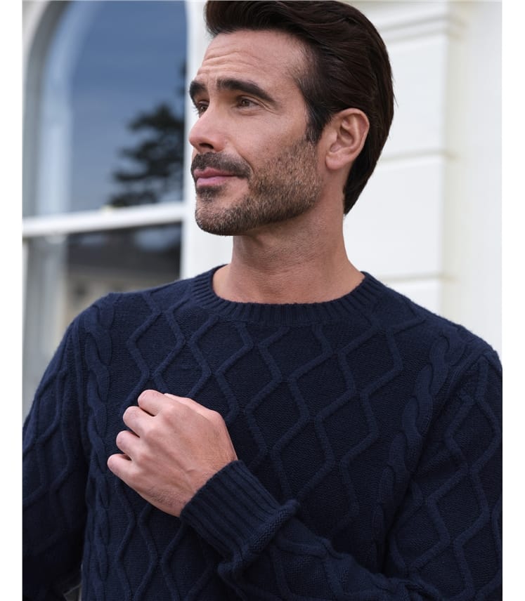 Navy | Wool Cashmere Cable Crew Neck Sweater | WoolOvers UK