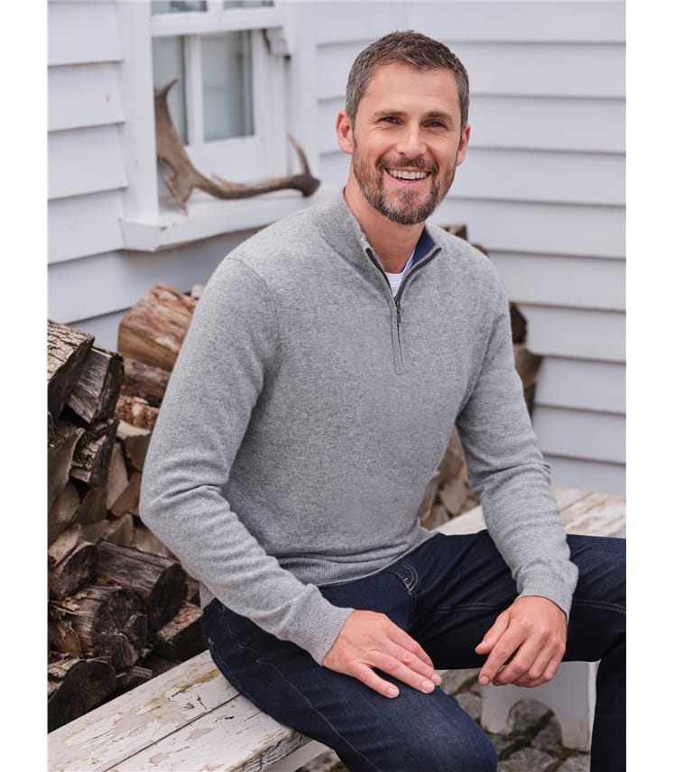 Grey Marl, Pure Cashmere Zip Neck Sweater