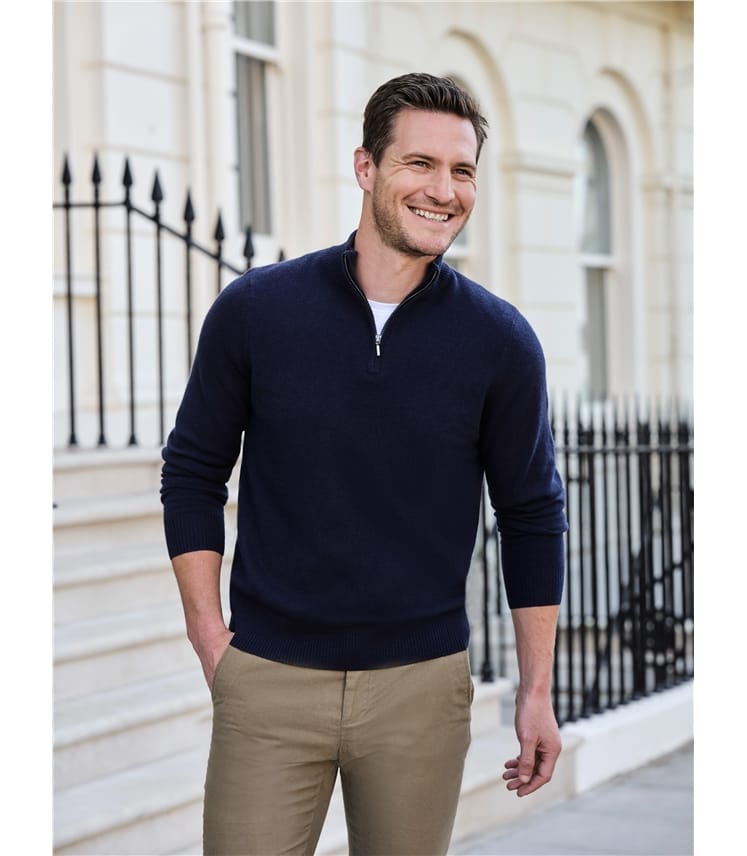 Navy | Mens Cashmere Zip Neck Sweater | WoolOvers US