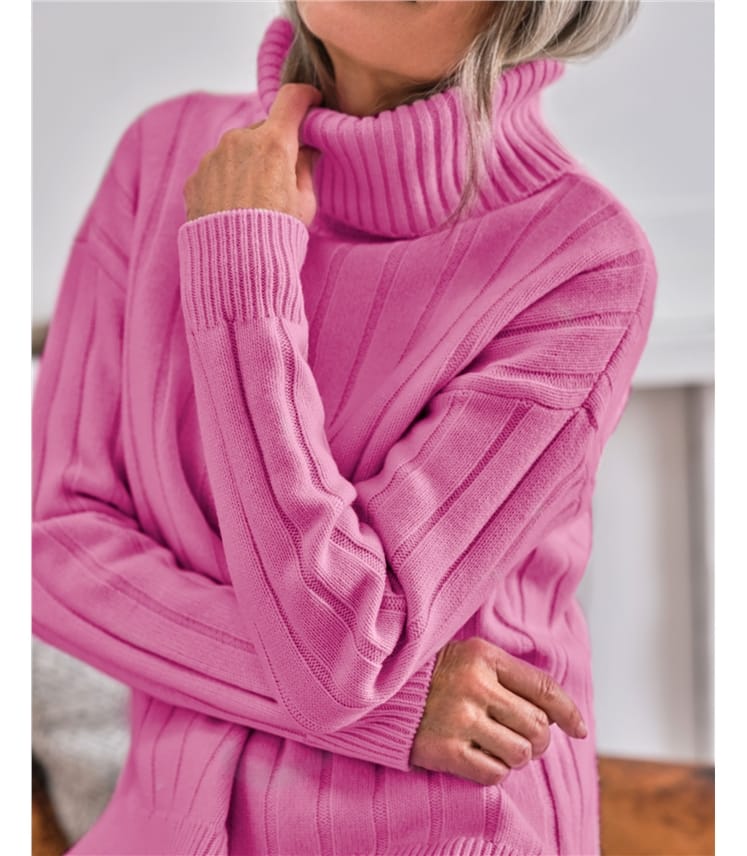 Bright Fuchsia | Chunky Roll Neck Wide Rib Sweater | WoolOvers US