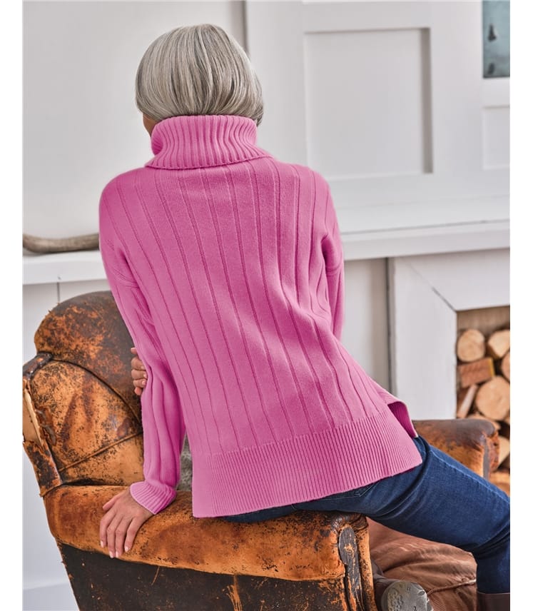 Bright Fuchsia | Chunky Roll Neck Wide Rib Sweater | WoolOvers US