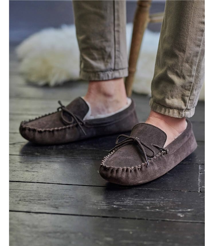 thumbnail image 2 of Men's Sheepskin Moccasin Slippers – Real Suede & Wool Lining, Rubber Sole (Brown, UK Made) 2 of 3