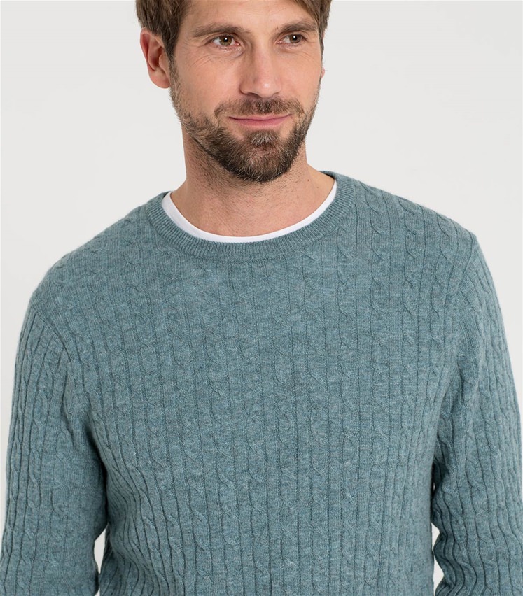 Kingfisher | Mens Cashmere & Merino Cable Crew Neck Jumper | WoolOvers UK