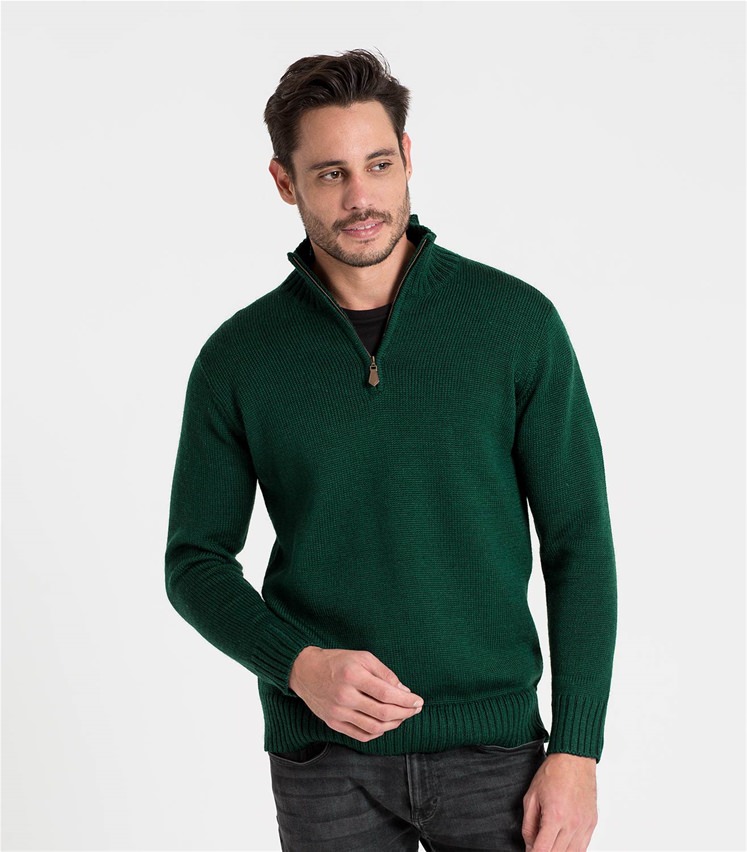 Bottle Green | Mens Pure Wool Country Zip Neck Sweater | WoolOvers US