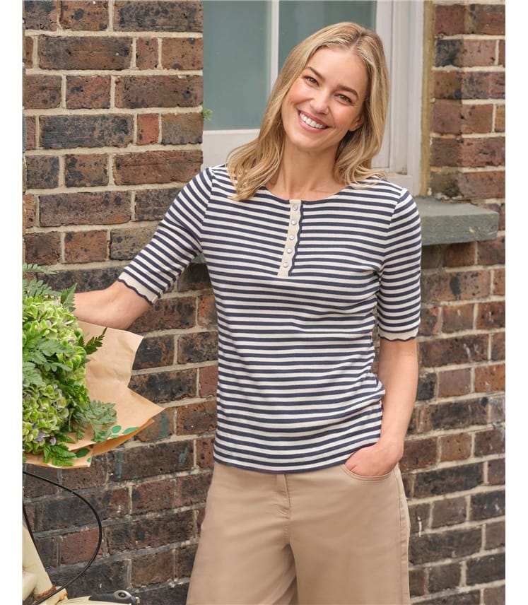 Scallop Rib Short Sleeve Henley Top