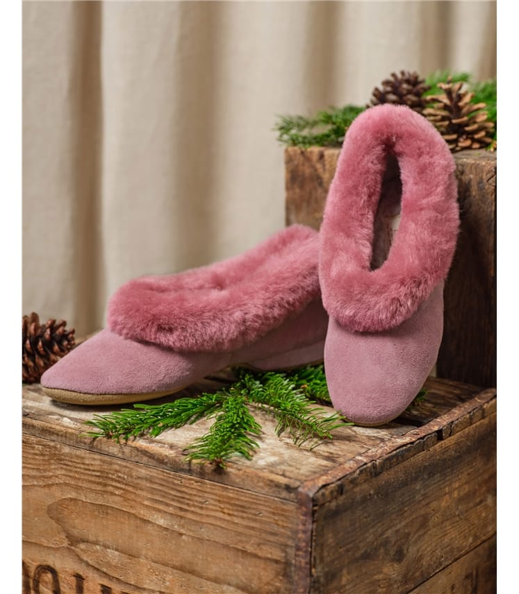 Pink Womens Draper Collar Sheepskin Slippers WoolOvers UK