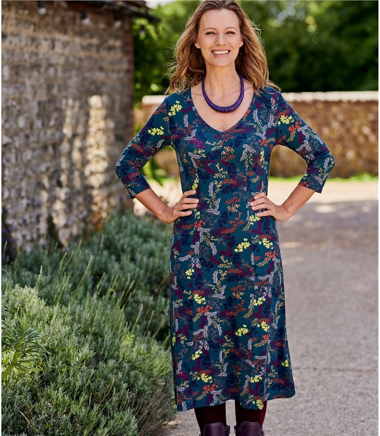Wild Leaf Print | Womens Jersey Floral Tea Dress | WoolOvers AU