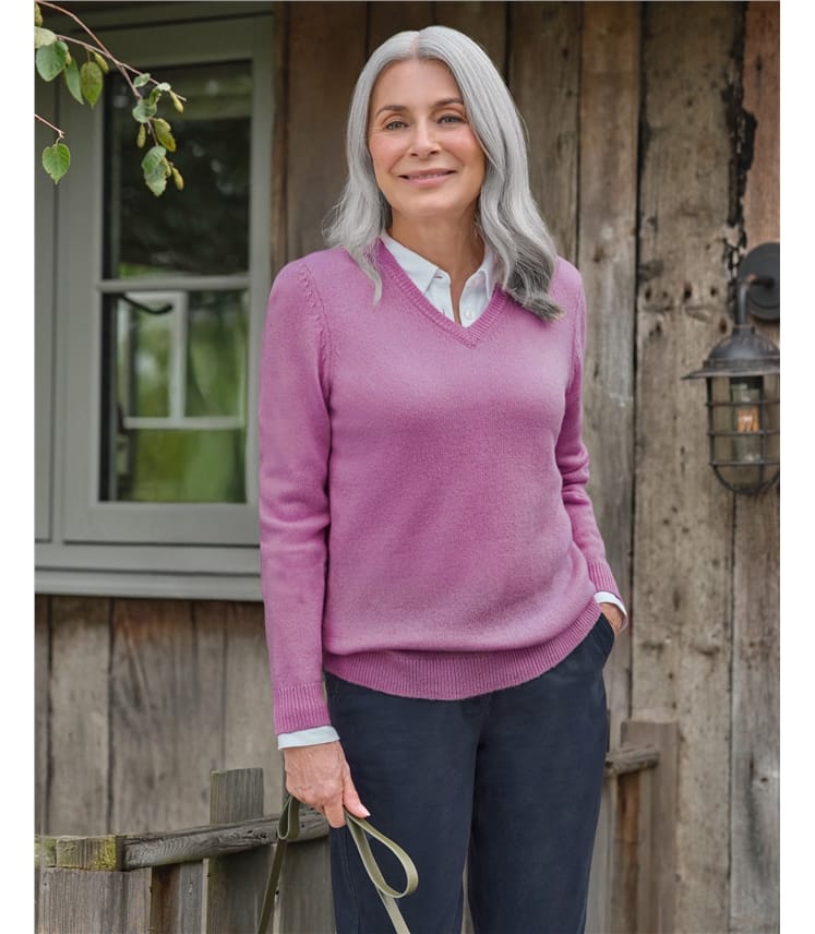 V Neck Sweater Pure Wool Jumper Womens Light Plum Womens Lambswool