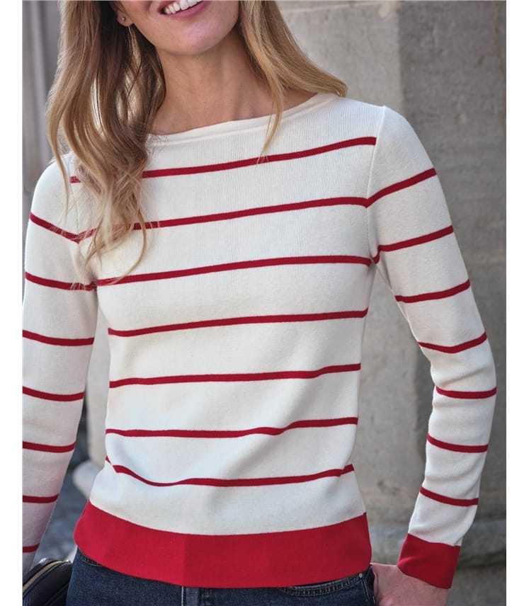 Cotton Wool Striped Boat Neck Jumper