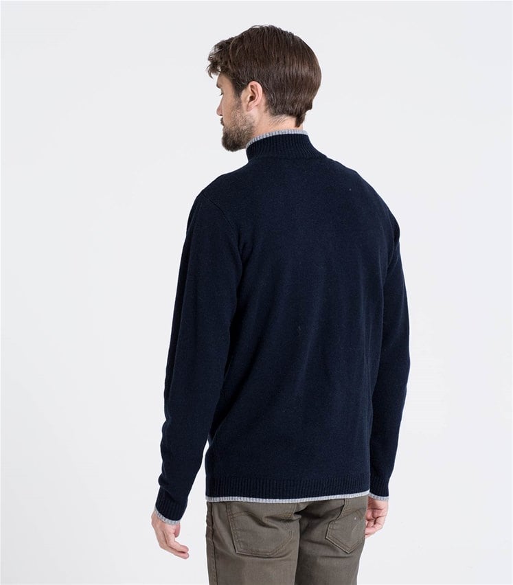Navy/Flannel Mens Lambswool Glen Loch Zipper Jumper WoolOvers UK