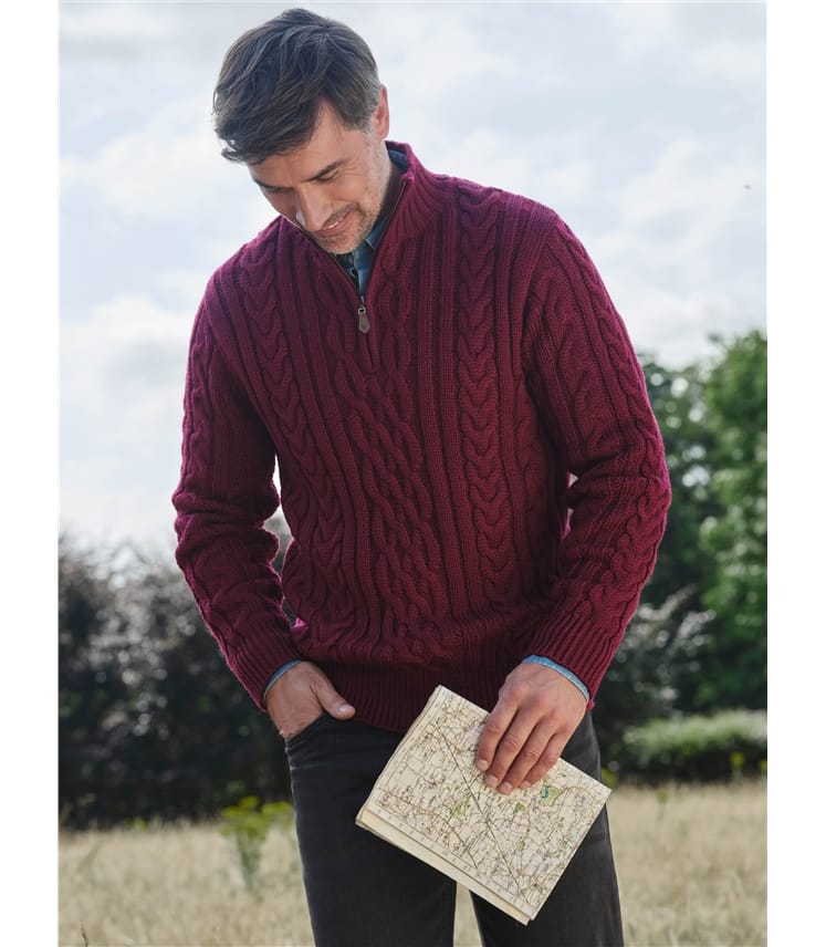 Pull irlandais en maille torsadée à col zippé - Homme - Pure Laine