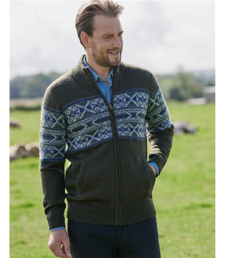 Pine Forest Multi | Pure Wool Zip Front Fairisle Cardigan | WoolOvers UK