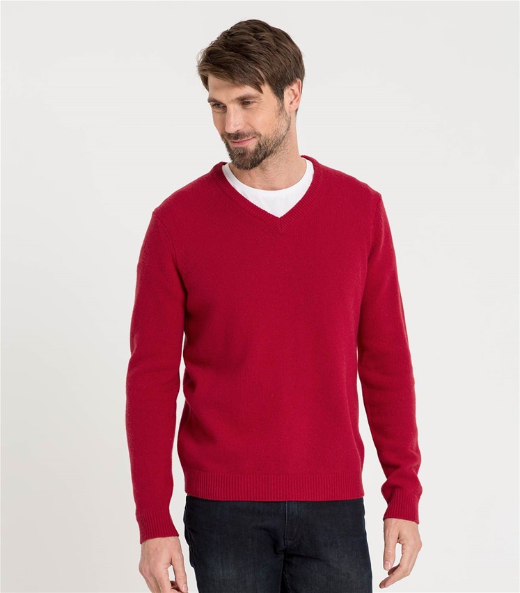 Red | Mens Lambswool V Neck Knitted Sweater | WoolOvers US