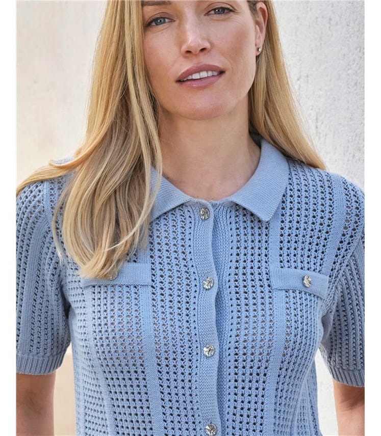 Short Sleeve Cotton Collar Mesh Cardigan