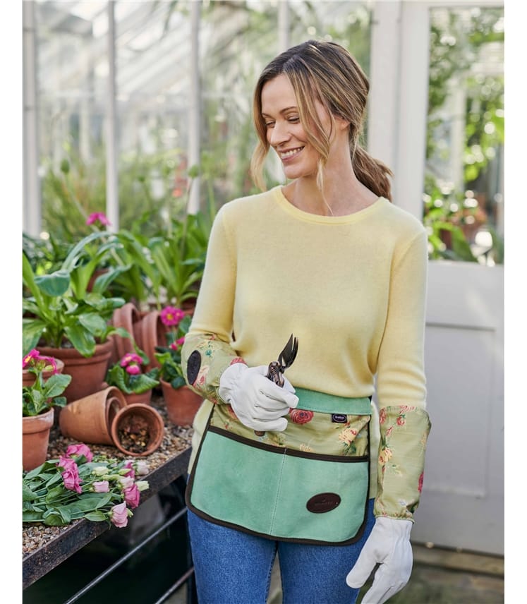 Green Floral English Leather & Linen Gardening Half Apron WoolOvers UK