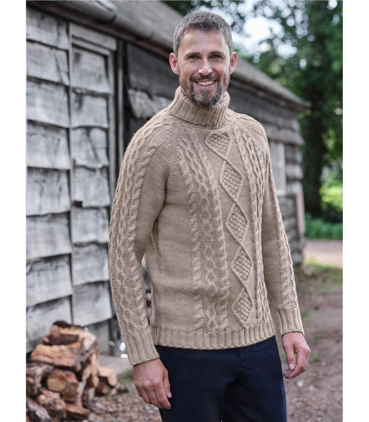 Oatmeal | Pure Wool Knitted Aran Polo Neck Jumper | WoolOvers UK