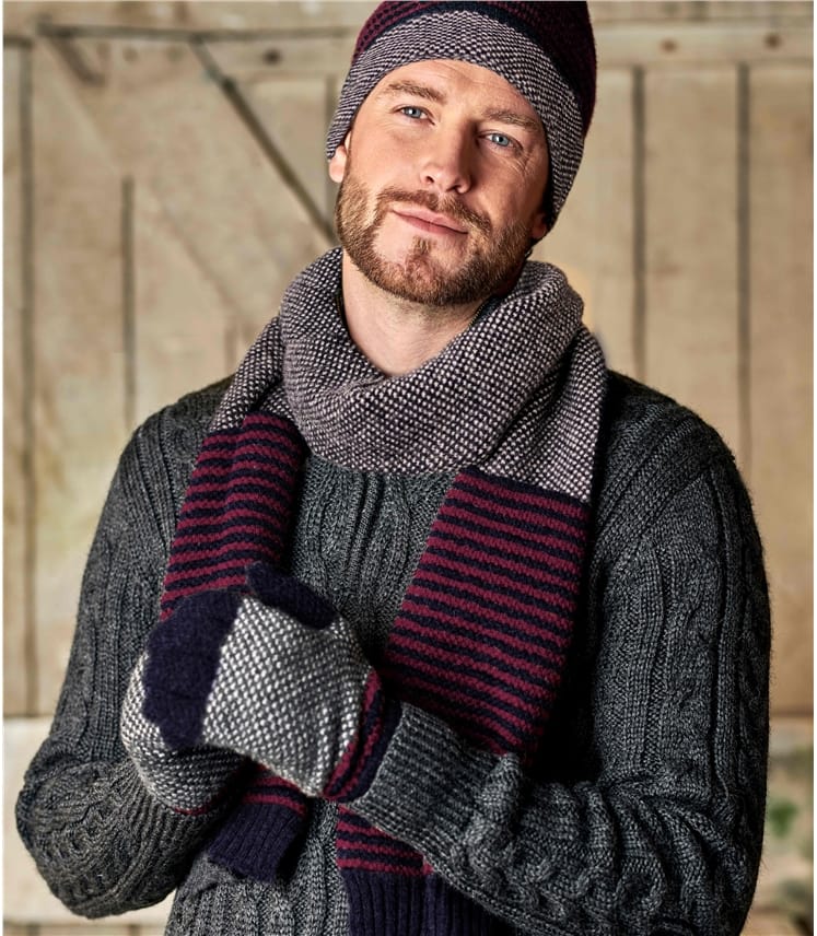 Navy/Wine Pure Lambswool | Mens Lambswool Stitch And Stripe Hat
