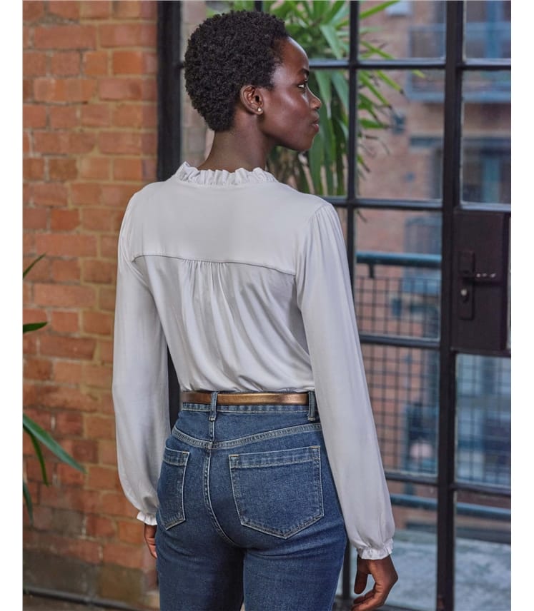 White | Frill Open Neck Jersey Top | WoolOvers US