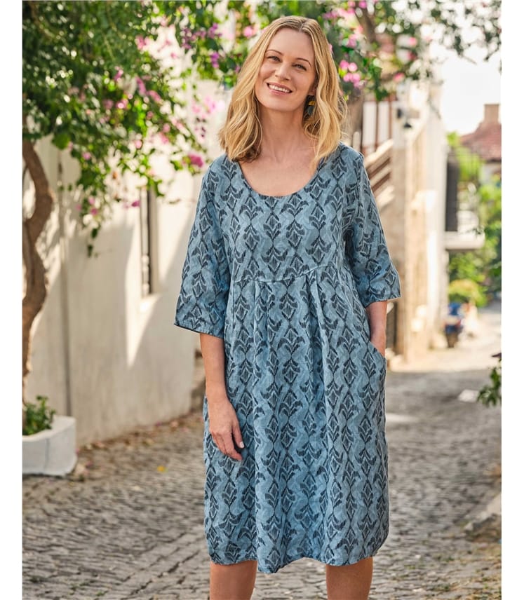 Textured Woodblock Print | Womens Linen Pocket Tunic Dress | WoolOvers UK