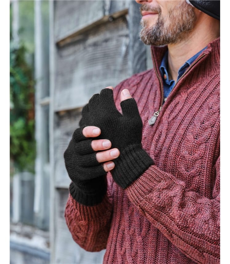 Black, Mens Essential Lambswool Fingerless Glove